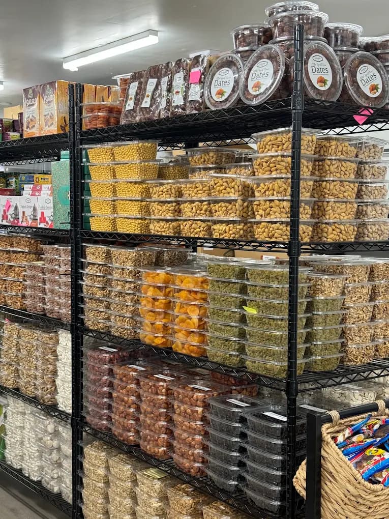 Dry fruits, nuts and dates on the shelves at KabulVan Supermarket